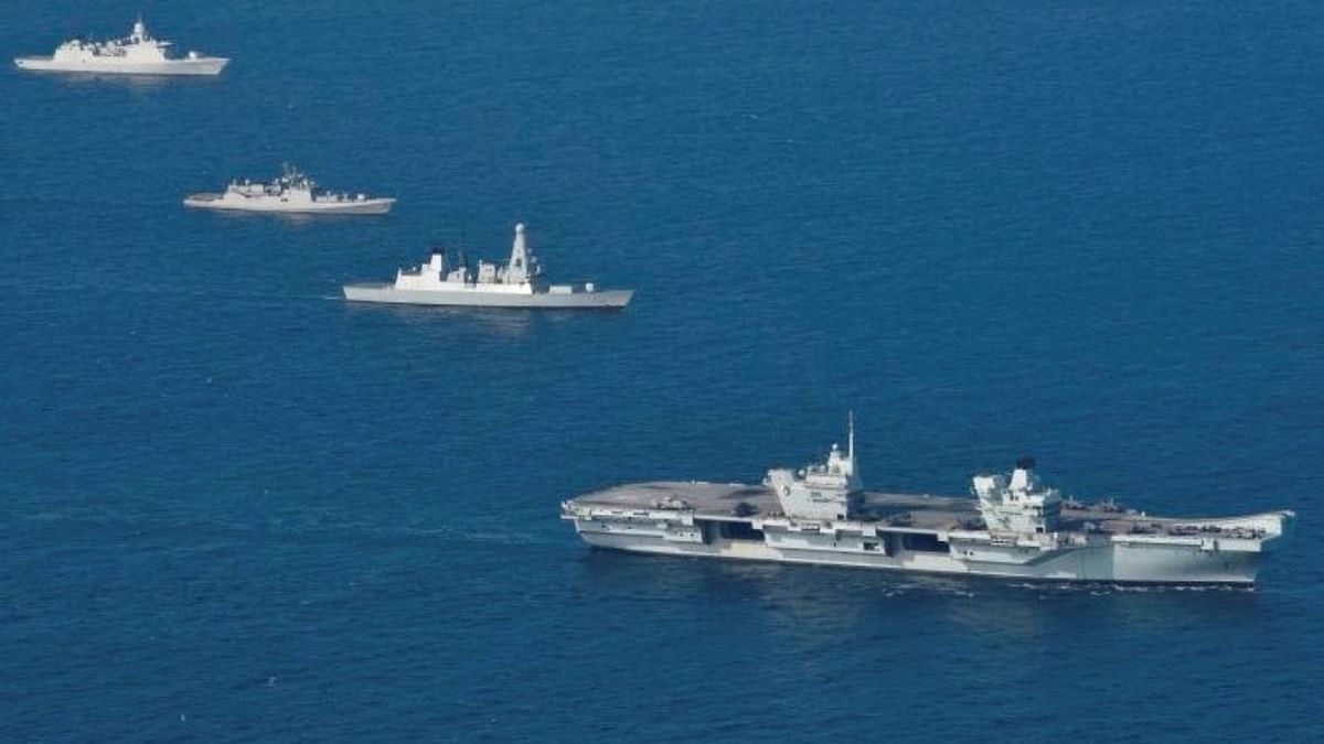 A carrier battle group or carrier strike group is a mega naval fleet comprising an aircraft carrier, accompanied by a large number of destroyers, frigates and other ships. Credit: Ministry of Defence