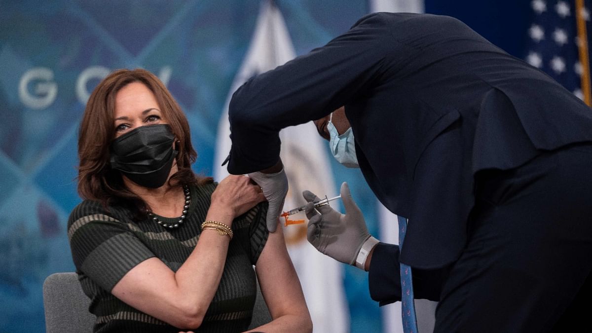 US Vice President Kamala Harris receives a booster of the Moderna Covid-19 vaccine. Credit: AFP Photo