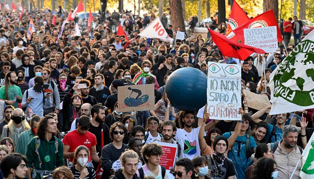 People march during a protest against G20 in Rome. Credit: AFP Photo