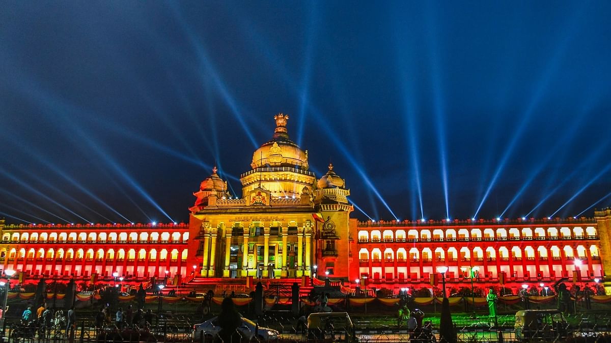 One of the most prominent places in Karnataka, Bengaluru's Vidhana Soudha was illuminated in spectacular colours as part of the Karnataka Rajyotsava celebrations. Credit: DH/SK Dinesh