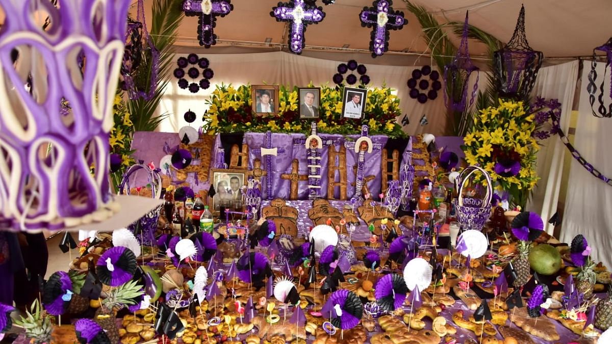 An altar is seen covered with offerings at the K'ara K'ara graveyard during the Day of the Dead celebrations, in Cochabamba, Bolivia. Credit: Reuters photo
