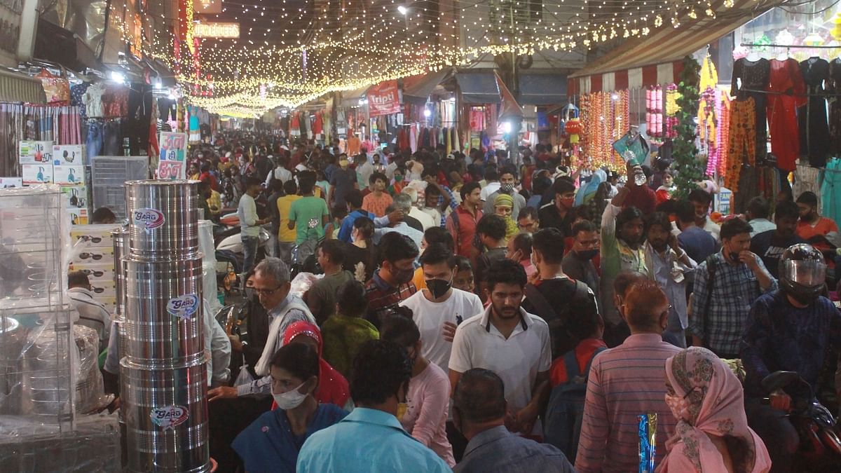 Crowded Sadar Bazar market ahead of Diwali festival, in Gurugram. Credit: PTI Photo
