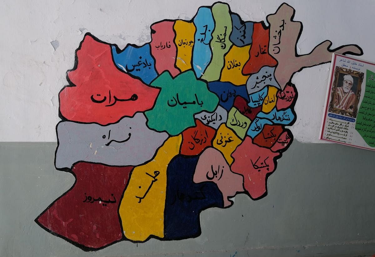 A map of Afghanistan is seen on the wall of a school hall in Kabul, Afghanistan. Credit: Reuters photo