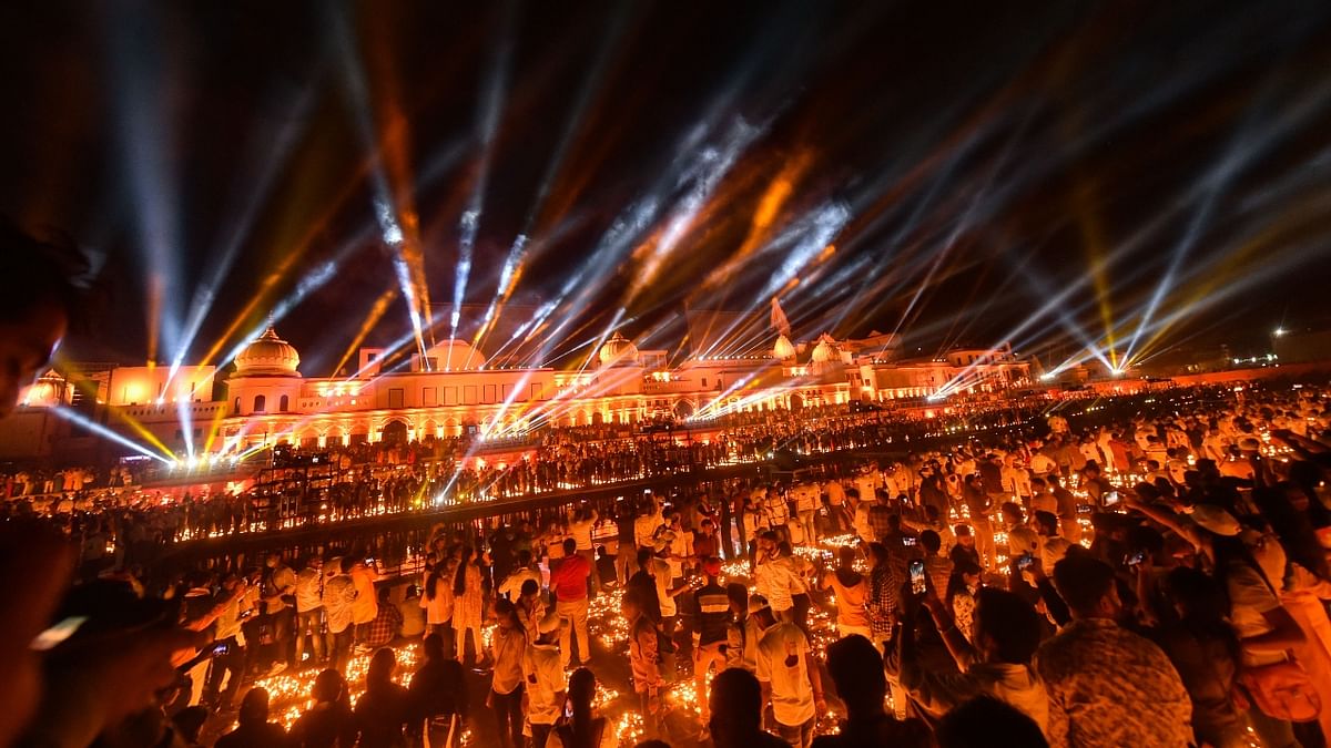 With over nine lakh diyas lit along the Saryu river during 'Deepotsav 2021', another world record has been created in Ayodhya, Uttar Pradesh. Credit: PTI Photo