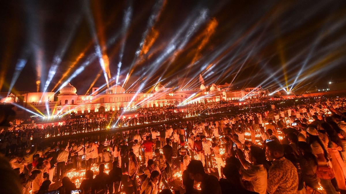 Colourful lights and laser show were organised as part of the Deepotsav on the occasion of Diwali. Credit: PTI Photo