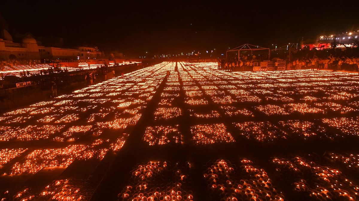 Apart from this, three lakh diyas (earthen lamps) were lit separately at different places in Ayodhya. Credit: PTI Photo