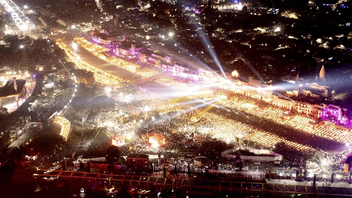 An aerial view of Saryu River during Deepotsav celebrations in Ayodhya. Credit: PTI Photo