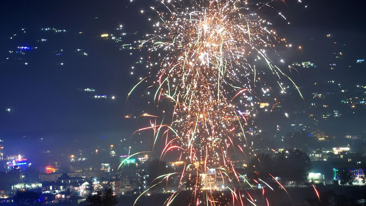 Fireworks illuminate the sky at Bhuntar in Kullu, Himachal Pradesh. Credit: PTI Photo