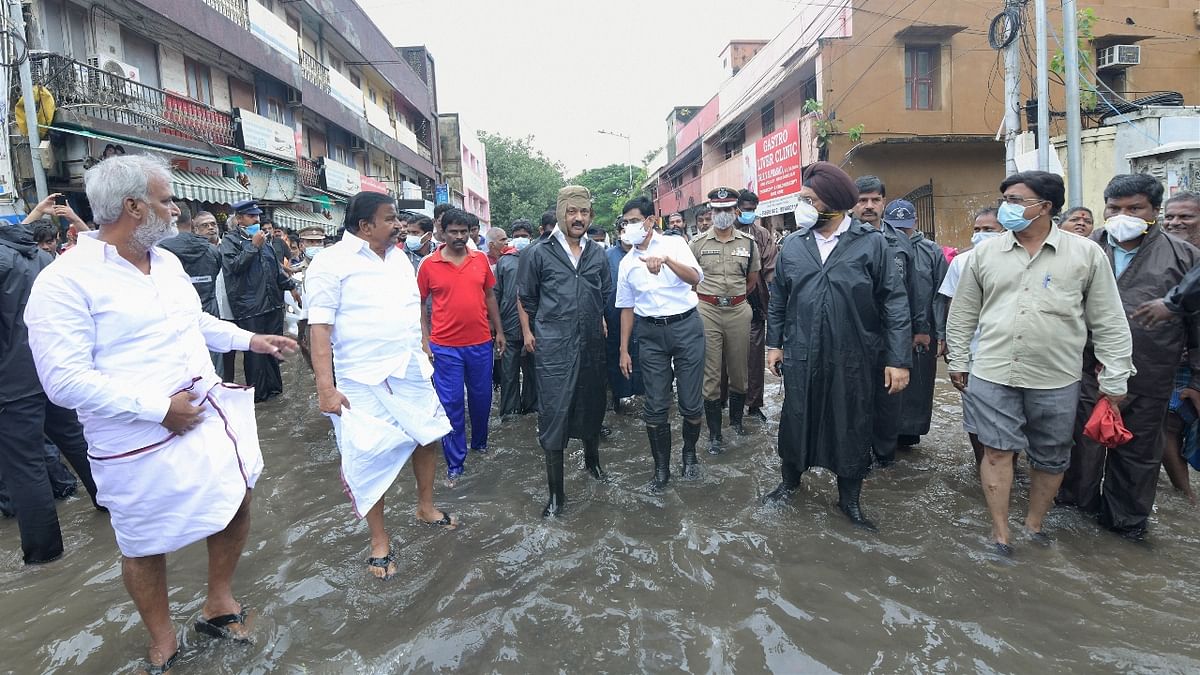 Chief Minister M K Stalin inspected affected areas and announced flood relief assistance to the affected people. Credit: PTI Photo