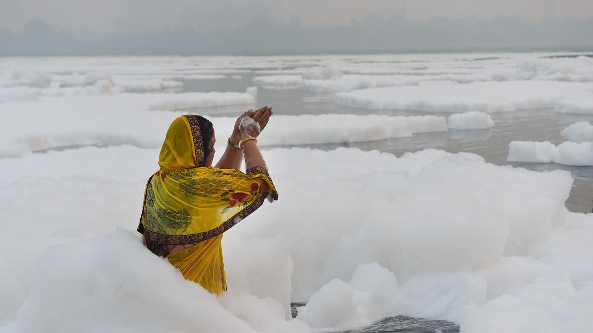 A Hindu devotee takes a bath as part of the rituals of four days long 'Chhath Puja' celebrations, as toxic foam floats on the surface of polluted Yamuna river at Kalindi Kunj, in New Delhi. Credit: PTI Photo