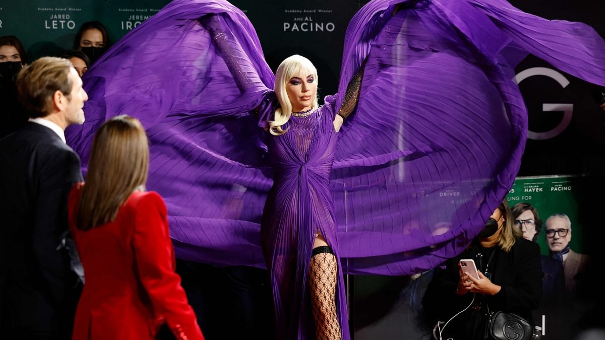 US singer and actor Lady Gaga poses on the red carpet on arrival to attend the UK premiere of the film 'House of Gucci', in London. Credit: AFP Photo