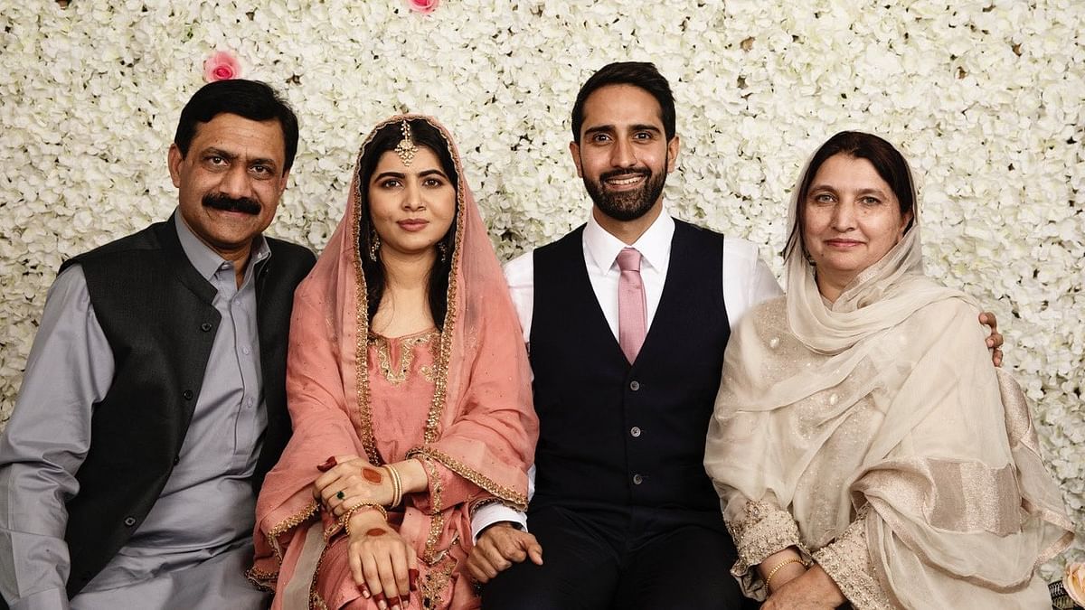 Malala Yousafzai (2nd from left) announced her marriage to Asser from her house in Britain along with her parents. Credit: Twitter/@Malala