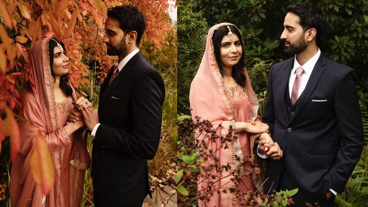 Malala looked a dream in a tea pink suit paired with jewellery, while Malik, who is the general manager of Pakistan Cricket Board's High Performance Centre, looked elegant in suit. Credit: Twitter/@Malala