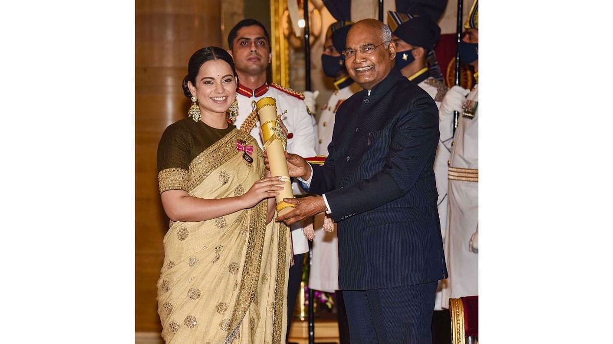 President Ram Nath Kovind presents the Padma Shri Award to Bollywood actor Kangna Ranaut, at the Civil Investiture Ceremony-I, at Rashtrapati Bhavan in New Delhi. Credit: PIB