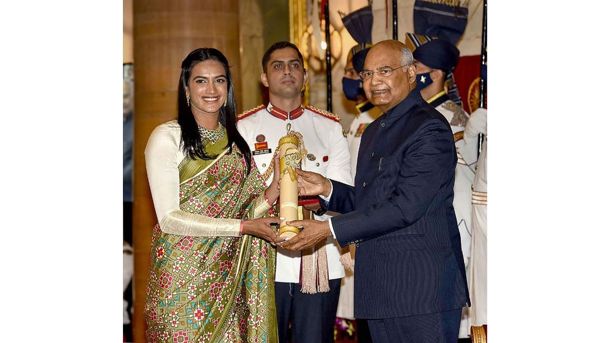 President Ram Nath Kovind presents the Padma Bhushan Award to badminton player PV Sindhu, at the Civil Investiture Ceremony-I, at Rashtrapati Bhavan in New Delhi. Credit: PIB