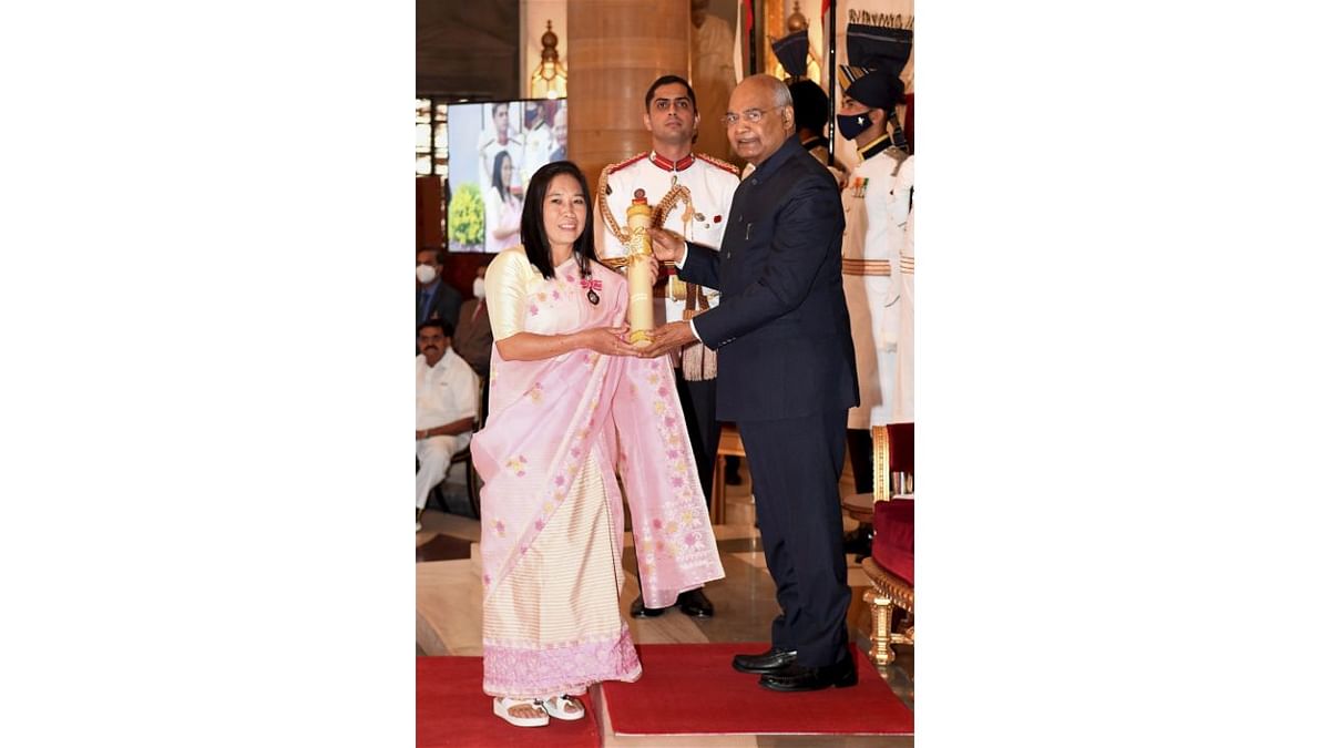 President Ram Nath Kovind presents Padma Shri to Oinam Bembem Devi for Sports at Rashtrapati Bhavan in New Delhi. She is the former captain of the Indian women's football team and is also known as