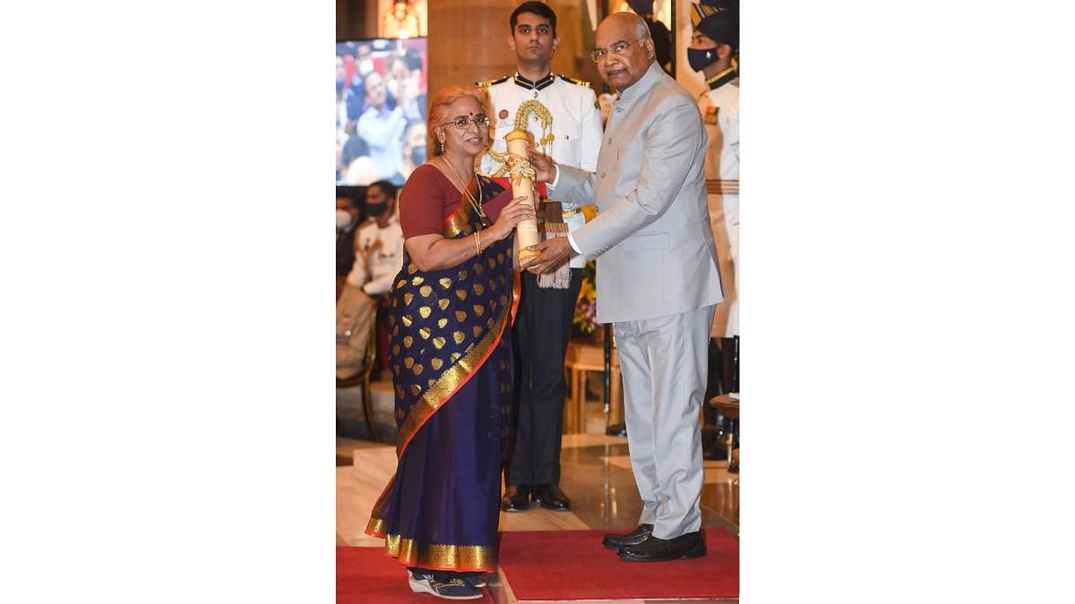 President Ram Nath Kovind presents the Padma Shri award to KC Sivasankaran (Posthumous), during a ceremony at Rashtrapati Bhawan, in New Delhi. Credit: Twitter/@rashtrapatibhvn