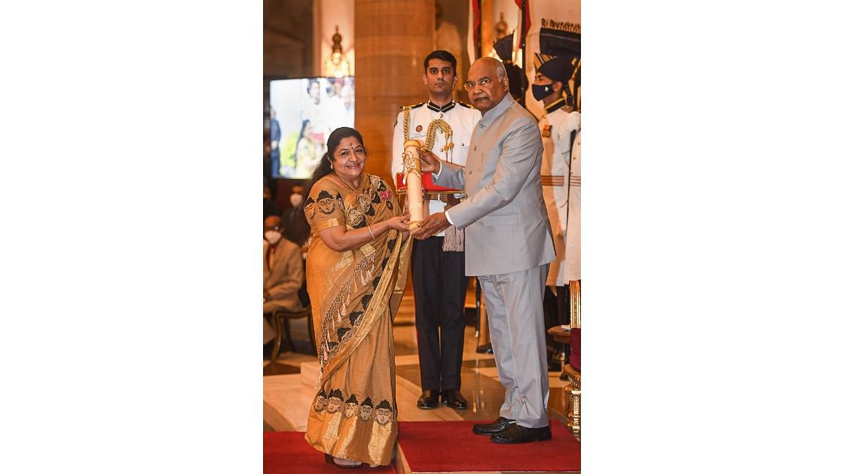President Ram Nath Kovind presents the Padma Bhushan award to singer Krishnan Nair Shantakumari Chithra during a ceremony at Rashtrapati Bhawan, in New Delhi. Credit: Twitter/@rashtrapatibhvn