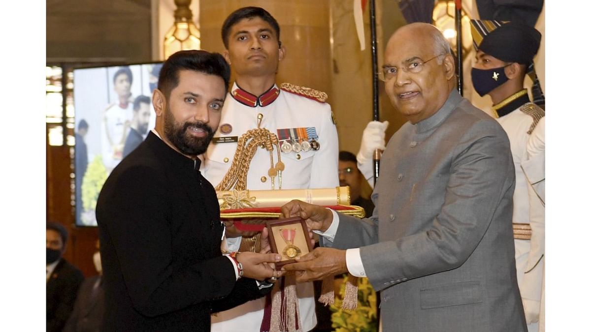 President Ram Nath Kovind presents Padma Bhushan to Ram Vilas Paswan (Posthumous) for Public Affairs. A Dalit leader from Bihar, Paswan won as many as nine Lok Sabha elections and served as a Cabinet Minister in various Ministries. Credit: Twitter/@rashtrapatibhvn