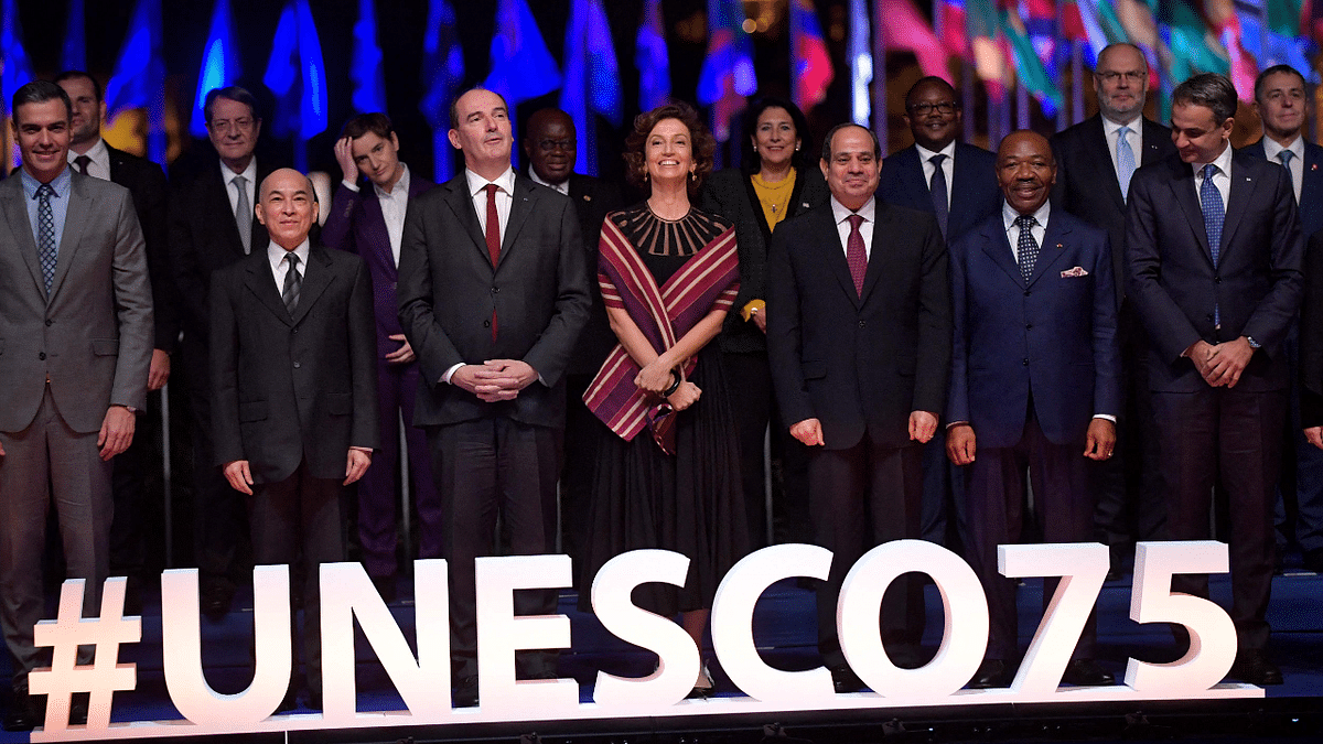 International leaders pose for a family picture during the 75th anniversary celebrations of The United Nations Educational, Scientific and Cultural Organization (UNESCO) at UNESCO headquarters in Paris. Credit: AFP Photo