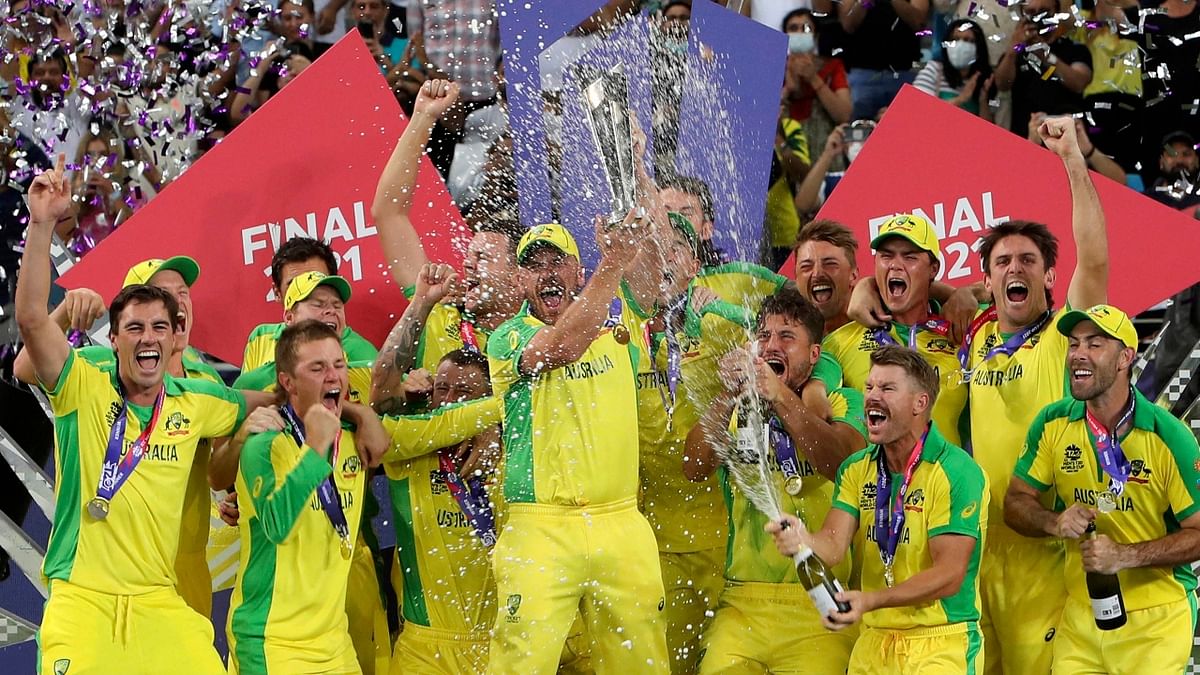 Australia scripted history by clinching their maiden T20 World Cup title in 2021. They beat New Zealand by eight wickets in a nail-biting final game. Credit: AP Photo