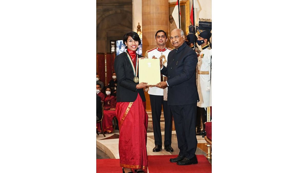 President Kovind confers Major Dhyan Chand Khel Ratna Award 2021 on Lovlina Borgohain in recognition of her outstanding achievements in boxing in New Delhi. Credit: PTI Photo