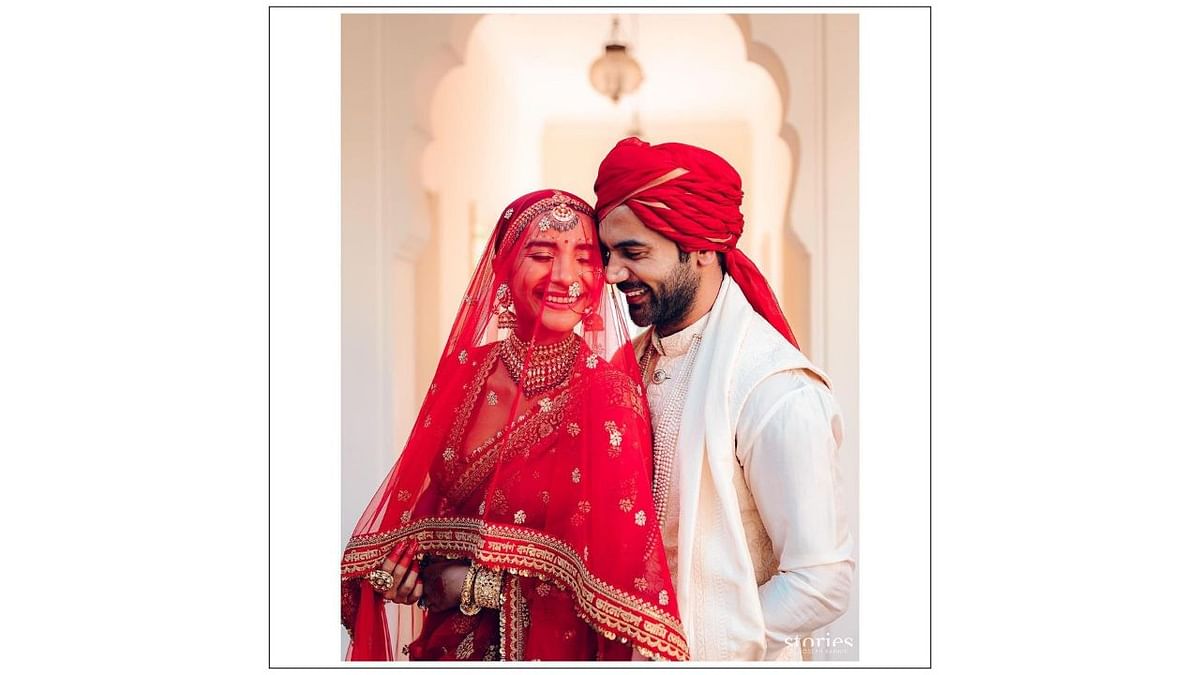 Congratulatory messages pour in for newlyweds Rajkummar Rao and Patralekhaa ever since they shared their wedding pictures on social media. Credit: Instagram/sabyasachiofficial
