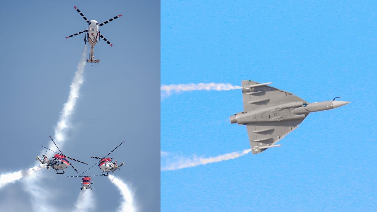 The Tejas aircraft and Sarang aerobatics of the Indian Air Force (IAF) displayed their spectacular flying skills at the Dubai Airshow. Credit: Twitter/@IAF_MCC
