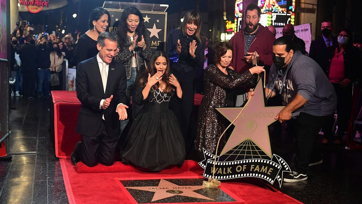 Mexican-US actress Salma Hayek reacts as her Hollywood Walk of Fame Star is unveiled in California. Credit: AFP Photo