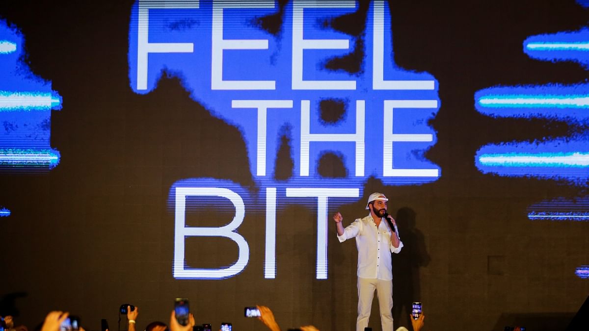 El Salvador’s president Nayib Bukele addresses the gathering during the closing party of the “Bitcoin Week”, in Teotepeque, El Salvador. Credit: Reuters Photo