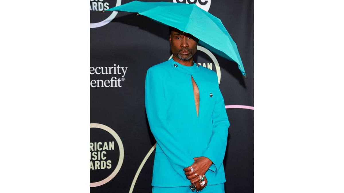 Billy Porter arrived head-to-toe in Tiffany blue, styling his suit with an umbrella hat. Credit: Reuters Photo