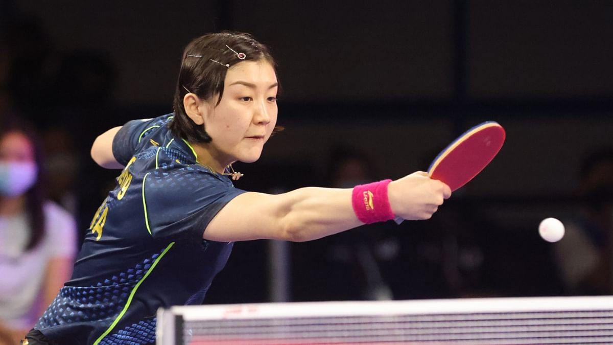 Chen Meng of China plays Kasumi Ishikawa of Japan (not pictured) in the women’s singles quarter finals during the 2021 World Table Tennis Championships Finals at George R, Brown Convention Center. Credit: USA Today Sports