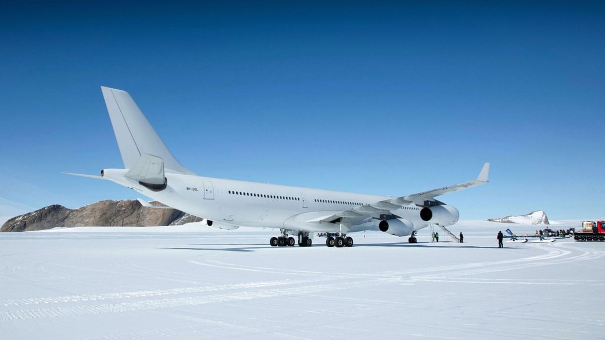 For the first time in history, an Airbus A340 has landed in Antarctica. The aircraft had been commissioned by Wolf’s Fang, a luxury adventure destination from the Antarctica tourism company White Desert. Photo Credit: Hi Fly