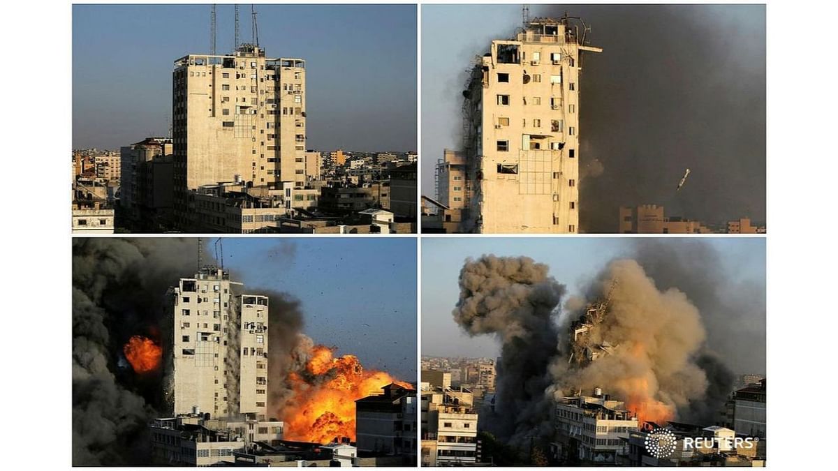A combination picture shows a tower building before and after it was destroyed by Israeli air strikes amid a flare-up of Israeli-Palestinian violence, in Gaza City. Credit: Reuters Photo