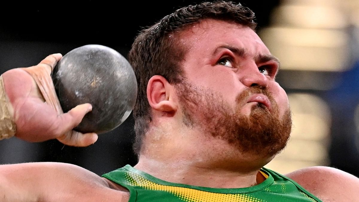Kyle Blignaut of South Africa is clicked striking an animated face during Men's Shot Put event. Credit: Reuters Photo