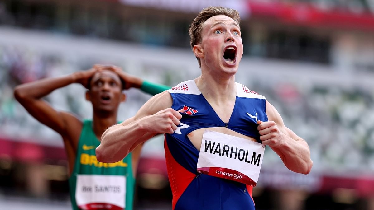 Norway's Karsten Warholm reacts after crossing the line to win gold at the Tokyo Olympics. Credit: Reuters Photo