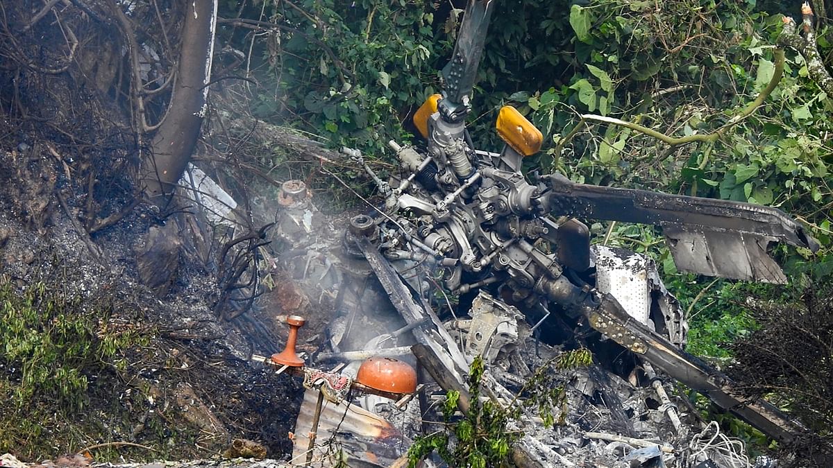 Wreckage of the crashed IAF Mi-17V5 helicopter, in Coonoor, Tamil Nadu. Credit: PTI Photo
