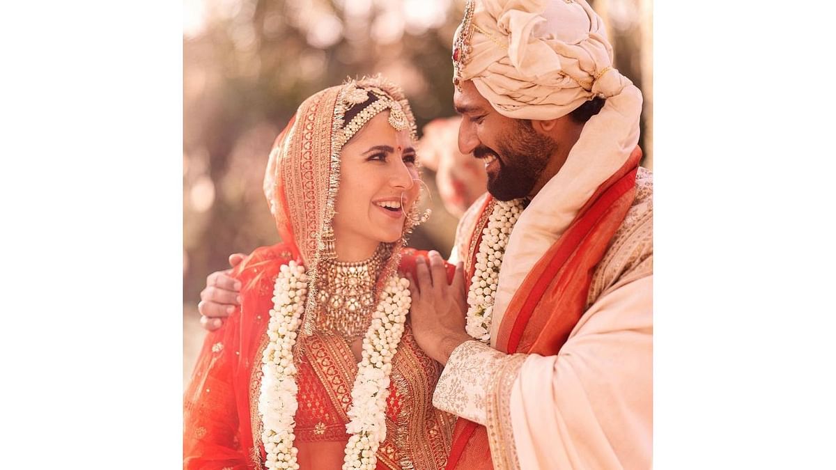 Bride Katrina looked regal in a gorgeous red Sabyasachi lehanga, while Vicky looked absolutely dapper in a Sabyasachi sherwani. Credit: Instagram/katrinakaif