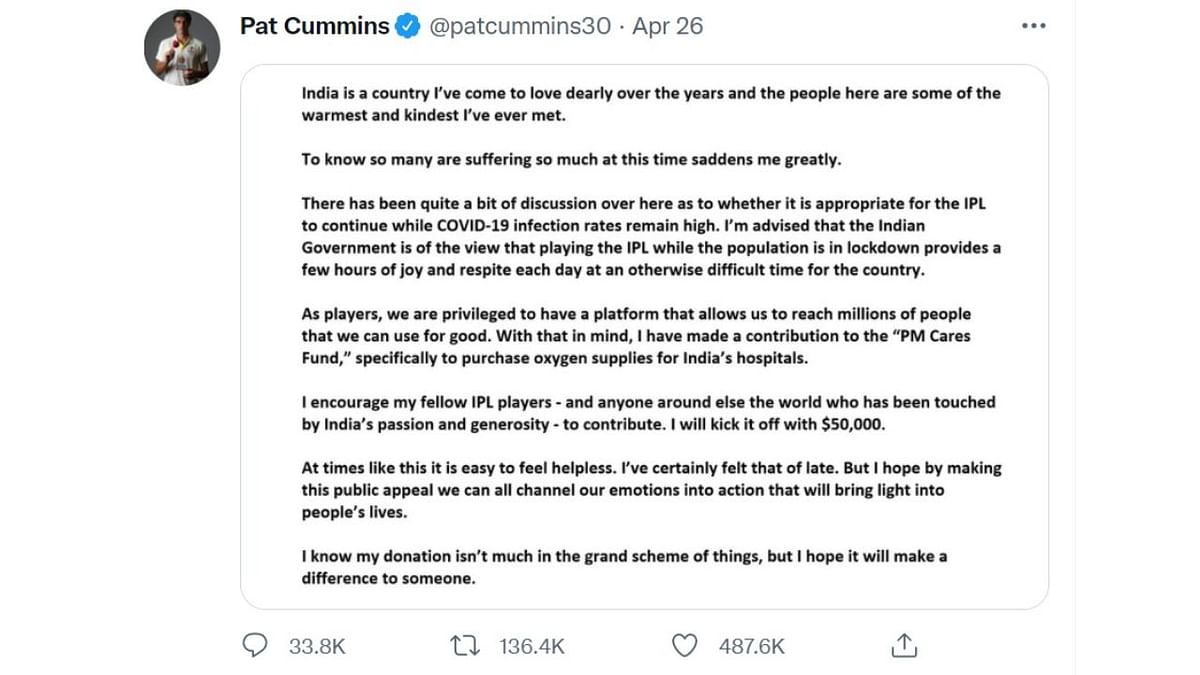 Australian cricketer Pat Cummins' tweet about his donation to Covid-19 relief efforts in India was the most