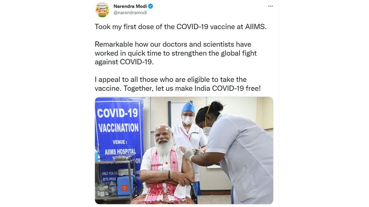 Tweet of PM Modi getting his first Covid-19 vaccine was the 'Most Retweeted Tweet in Government' this year. Credit: Twitter/@narendramodi