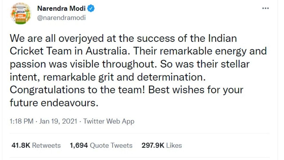 Modi's tweet congratulating #TeamIndia for their historic Test win against Australia at the Gabba emerged as the 'Most Liked Tweet in Government' this year. Credit: Twitter/@narendramodi