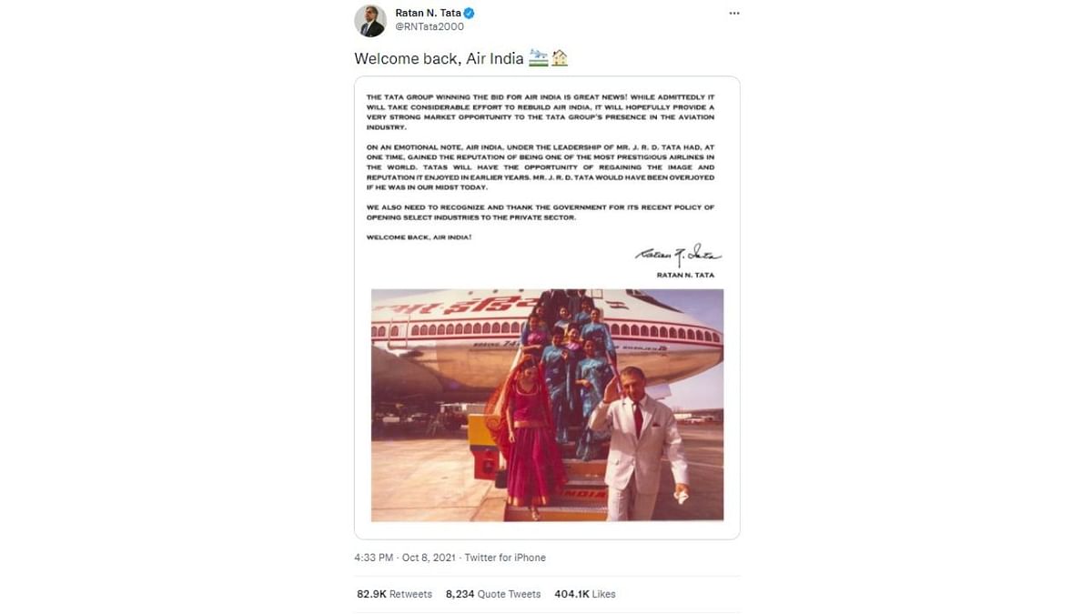 Ratan Tata - Chairman Emeritus of Tata Sons - tweeted a note saying, “Welcome back, Air India”, with an iconic picture of the early Air India planes after the Tata Group welcomed back Air India into its fold nearly after 70 years of the airlines being state-owned. Just like the news, the tweet generated conversations on Twitter, becoming the 'Most Retweeted Tweet in business'. This tweet was also the most 'Liked Tweet in business' this year. Credit: Twitter/@RNTata2000