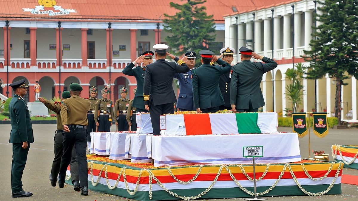 Tamil Nadu Chief Minister MK Stalin, Telangana Governor Tamilisai Soundararajan and military personnel among others paid floral tributes to Chief of Defence Staff General Bipin Rawat and 12 others killed in an Indian Air Force (IAF) helicopter crash in Coonoor on December 8. Credit: Reuters Photo
