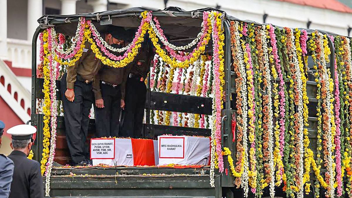 The mortal remains of General Rawat and the others were later taken to Coimbatore by road from where they were flown to New Delhi. Credit: PTI Photo