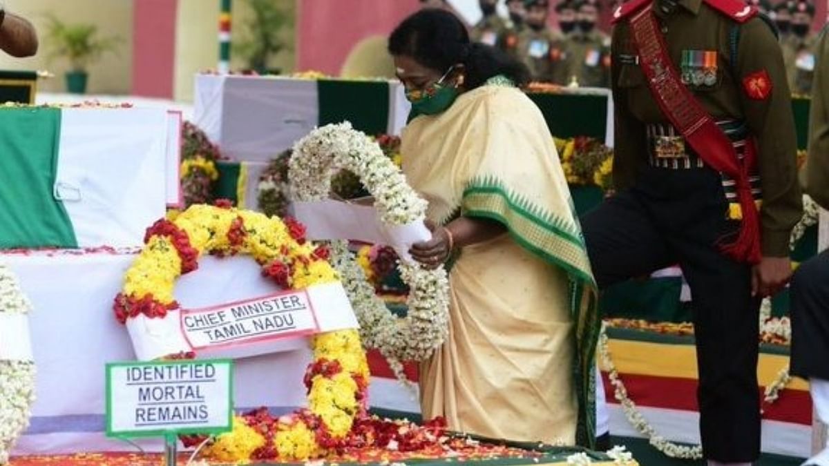 Telangana Governor Tamilisai Soundararajan pays her last respects to CDS Bipin Rawat in Chennai. Credit: Twitter/@DrTamilisaiGuv