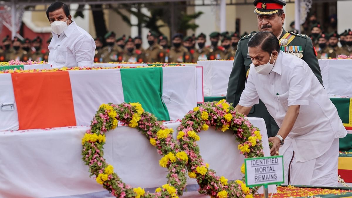 Tamil Nadu Forest Minister K Ramachandran pays tribute to Chief of Defence Staff General Bipin Rawat in Tamil Nadu. Credit: PTI Photo