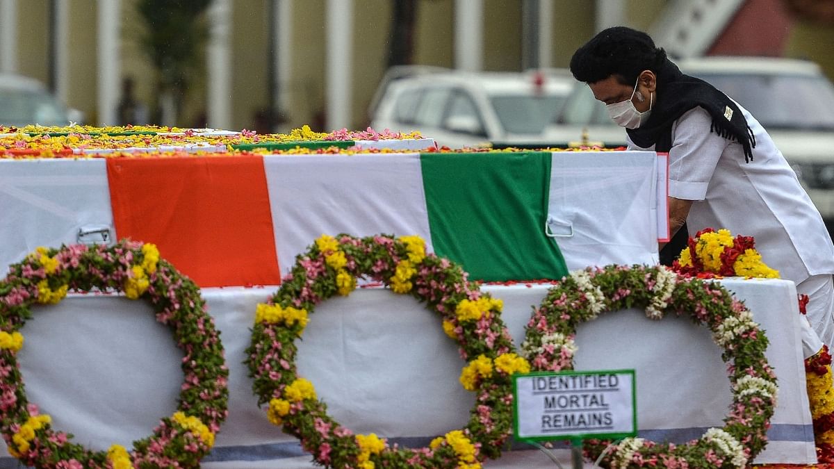 MK Stalin, Chief Minister of Tamil Nadu pay respect to Indian defence chief General Bipin Rawat during a military funeral ceremony at the Madras regimental Center in Wellington, Tamil Nadu. Credit: AFP Photo