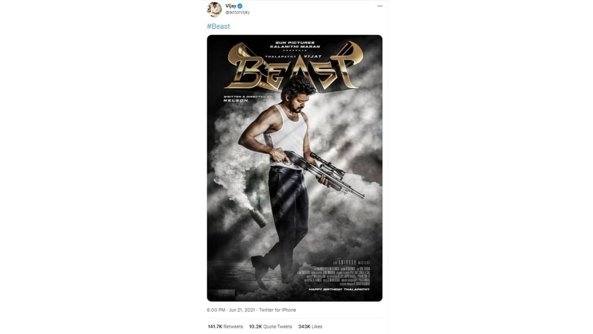 ‘Thalapathy’ Vijay's tweet about the first look of his movie #Beast was the most retweeted in entertainment and the most liked tweet in entertainment as well in the year 2021. Credit: Twitter/@actorvijay