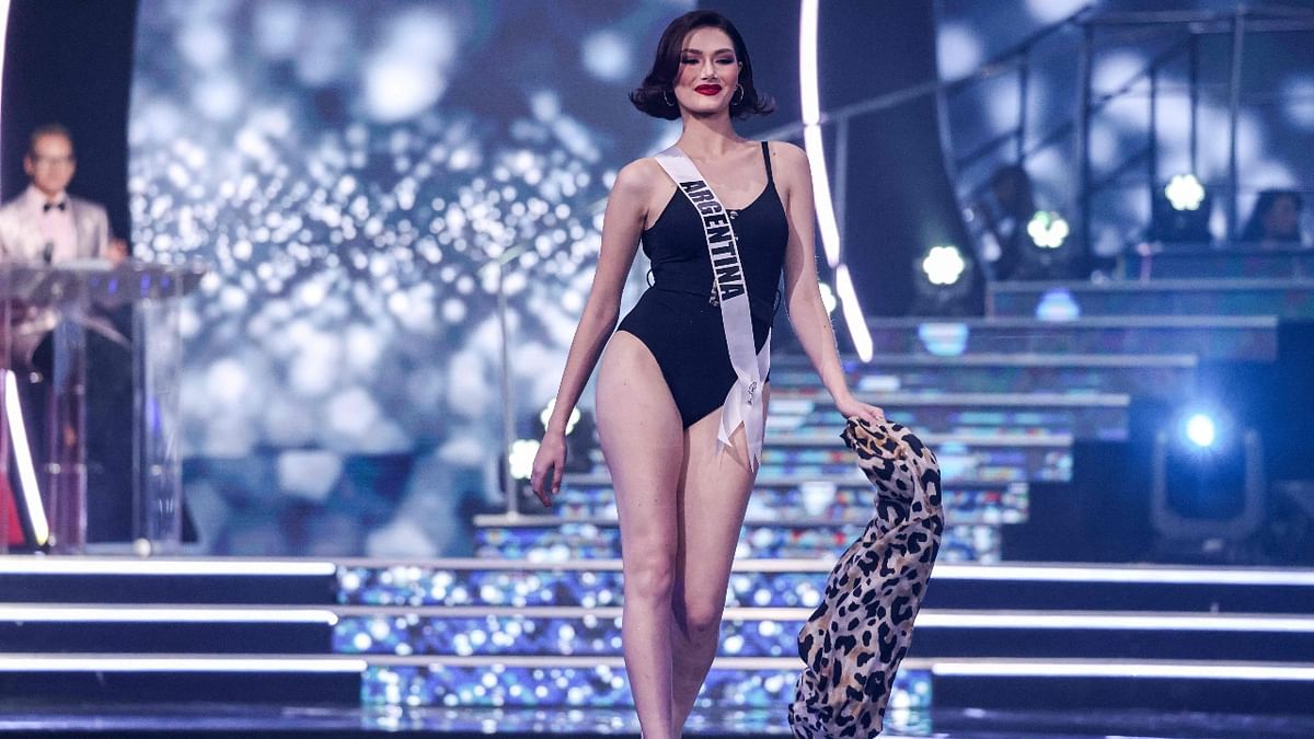 Miss Argentina, Julieta Garcia, sizzles in a black swimsuit during the swimsuit competition round in Israel. Credit: AFP Photo