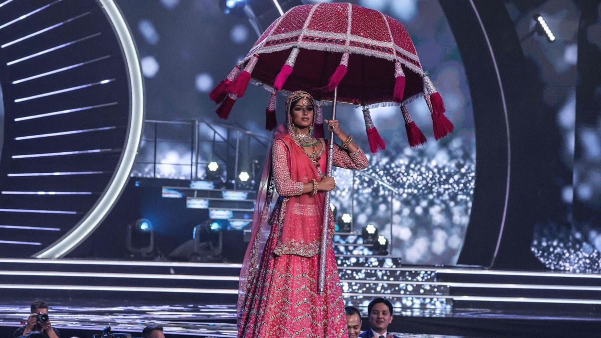 Harnaaz Sandhu sashays down the ramp during the national costume presentation of the 70th Miss Universe beauty pageant at Red Sea coastal city of Eilat in Israel. Credit: AFP Photo